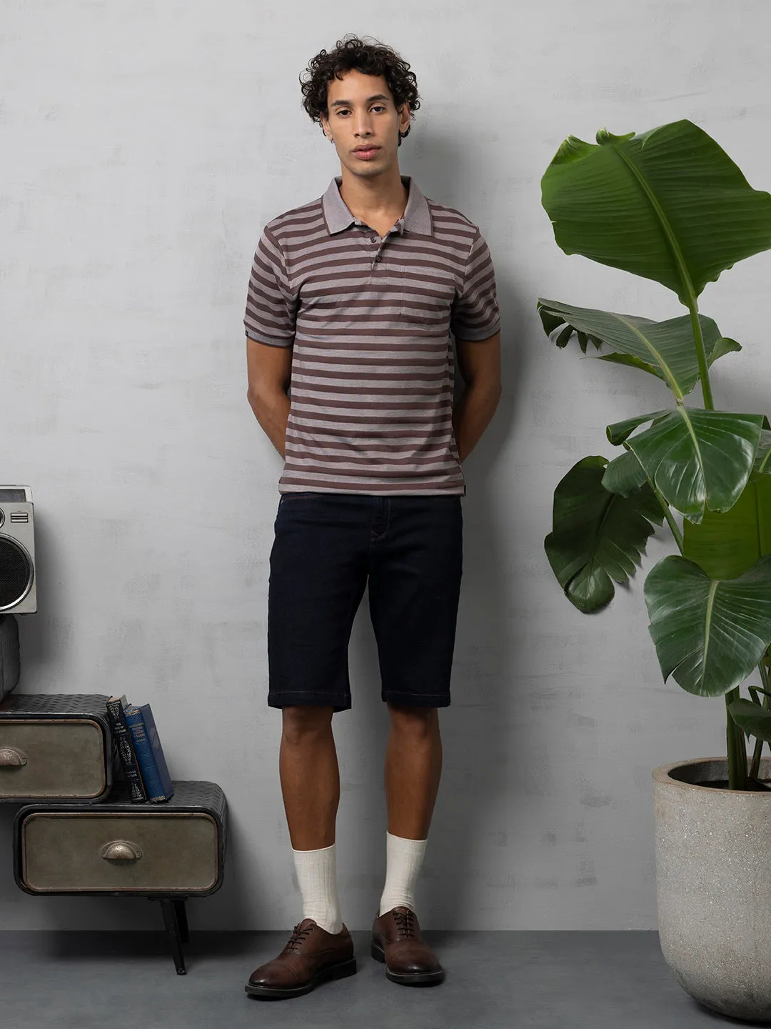 Brown Striped Polo T-Shirt