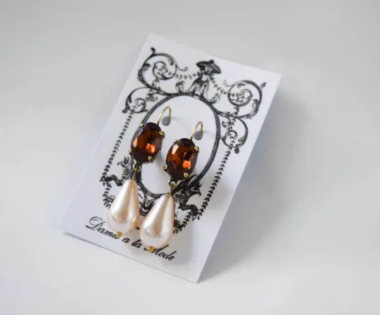 Brown Topaz Crystal and Pearl Earring