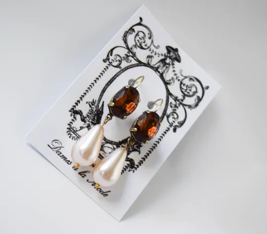 Brown Topaz Crystal and Pearl Earring