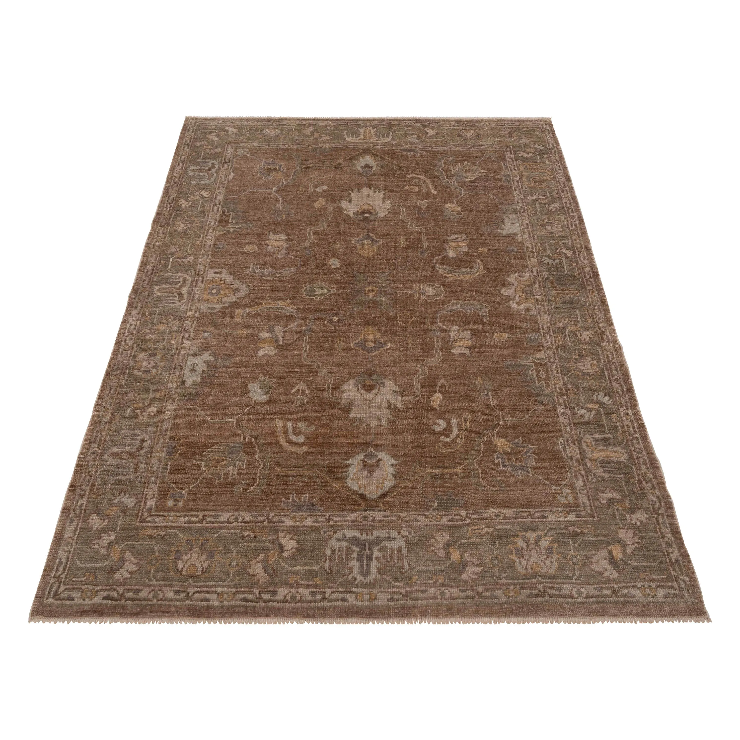 Brown Traditional Turkish Oushak Wool Rug - 6' x 9'