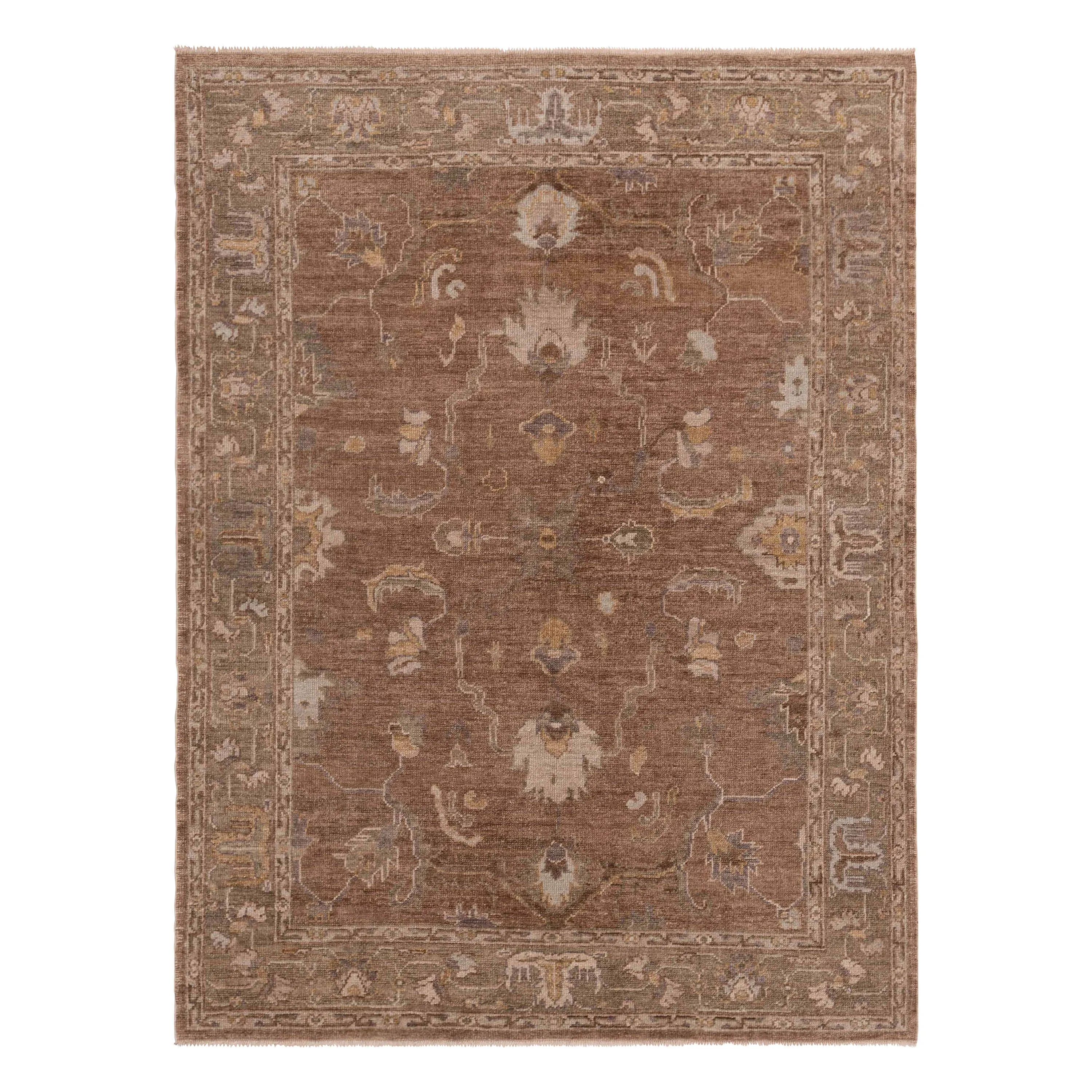 Brown Traditional Turkish Oushak Wool Rug - 6' x 9'