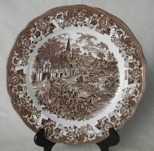 Brown Transferware Scenic 10" Dinner Plate Church Children Horses Roses