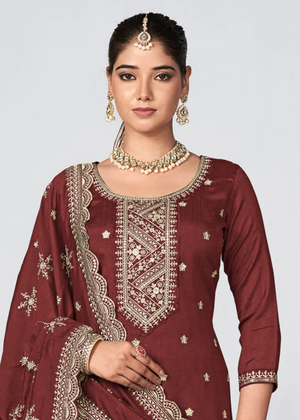 Brown Vichitra Silk Embroidered Wedding Festive Palazzo Suit