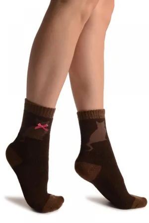 Brown With Cute Cat & Satin Bow Angora Ankle High Socks