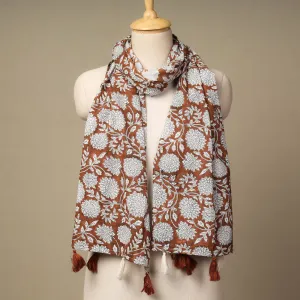 Brown with White Dahlia Flowers Sanganeri Block Printed Cotton Stole