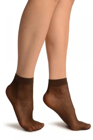 Brown Woven Dots Ankle High Socks