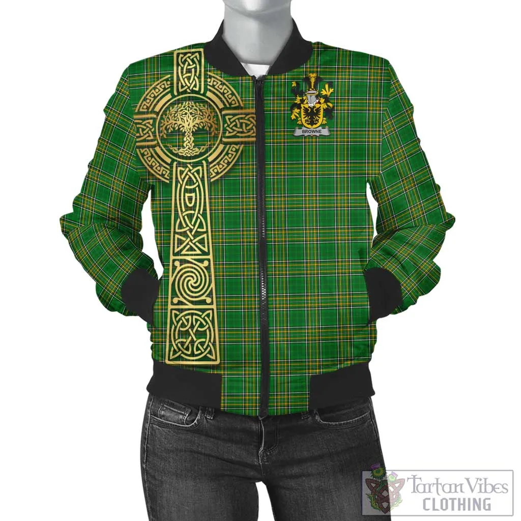 Browne Irish Clan Tartan Bomber Jacket with Coat of Arms Celtic Tree of Life Style