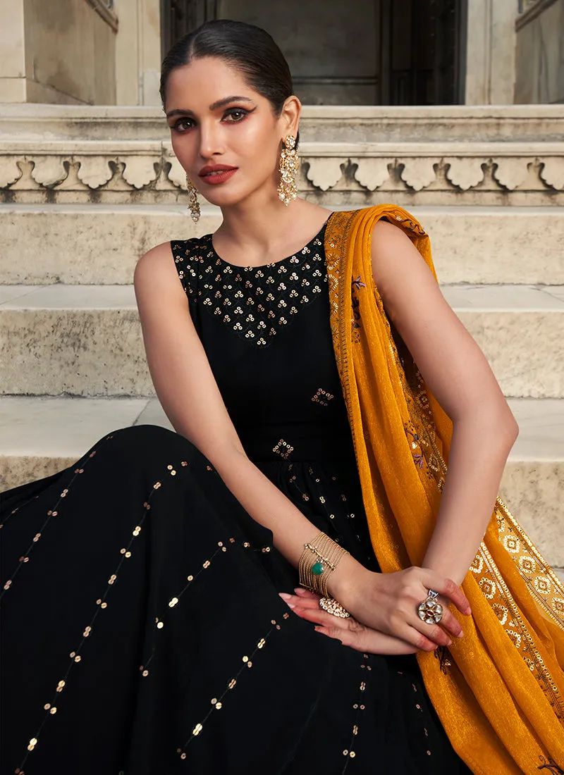 Brownish Black And Yellow Sequence Embroidery Wedding Anarkali Suit