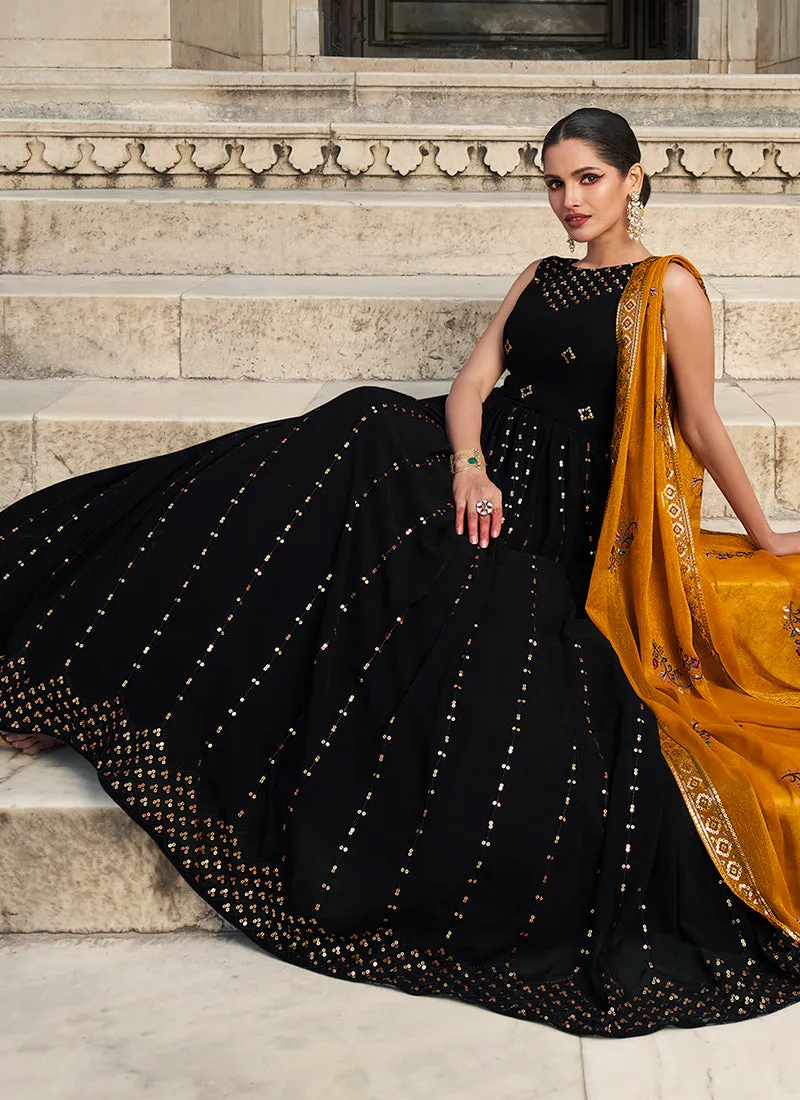 Brownish Black And Yellow Sequence Embroidery Wedding Anarkali Suit