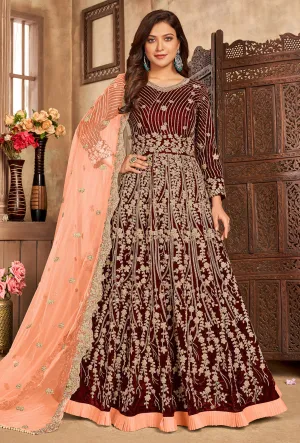 Brownish Red Velvet Floor Length Designer Anarkali Suit