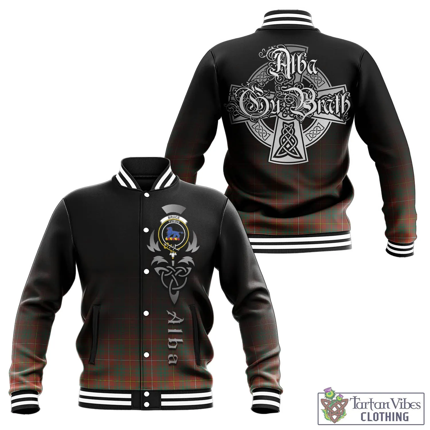 Bruce Ancient Tartan Baseball Jacket Featuring Alba Gu Brath Family Crest Celtic Inspired