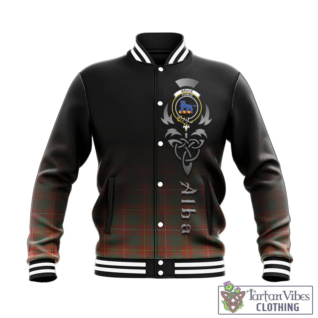 Bruce Ancient Tartan Baseball Jacket Featuring Alba Gu Brath Family Crest Celtic Inspired