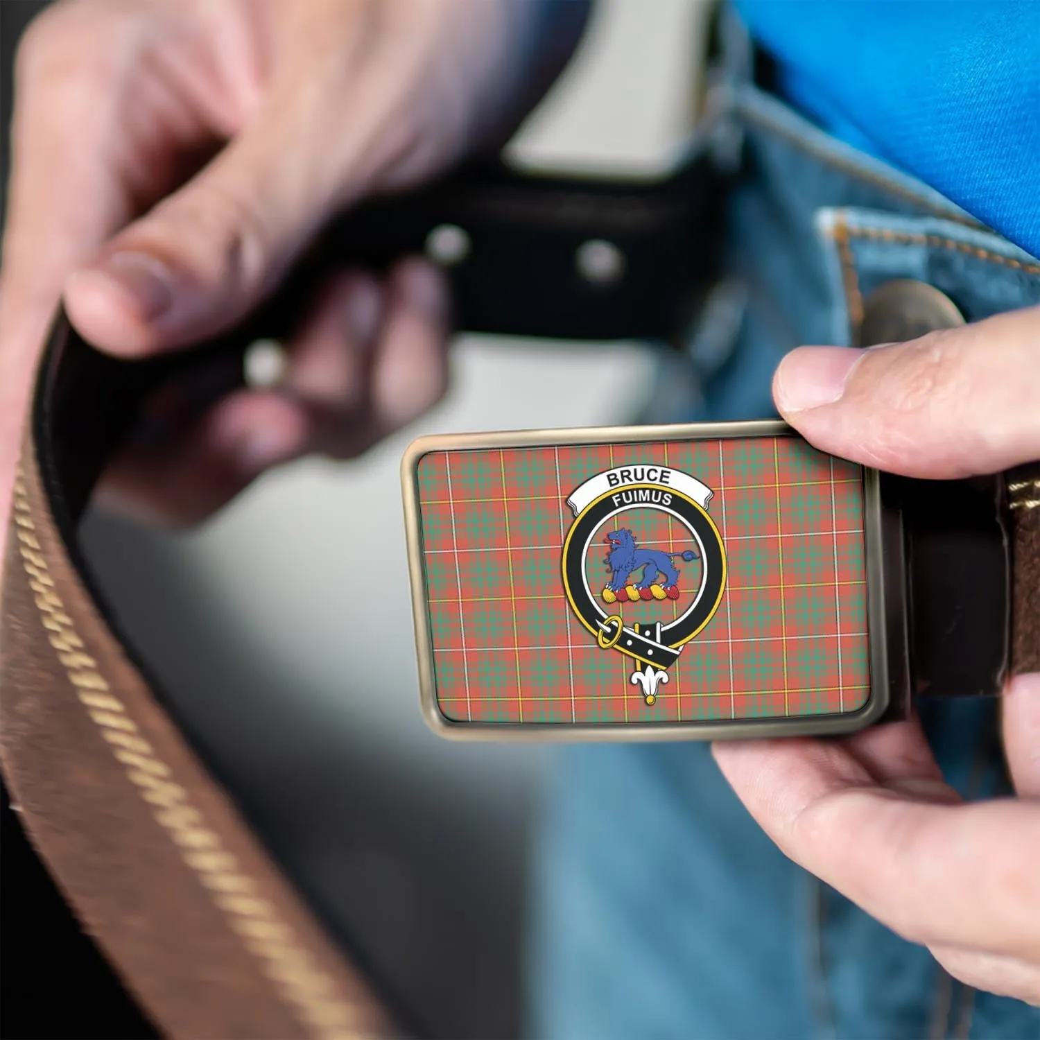 Bruce Ancient Tartan Belt Buckles with Family Crest