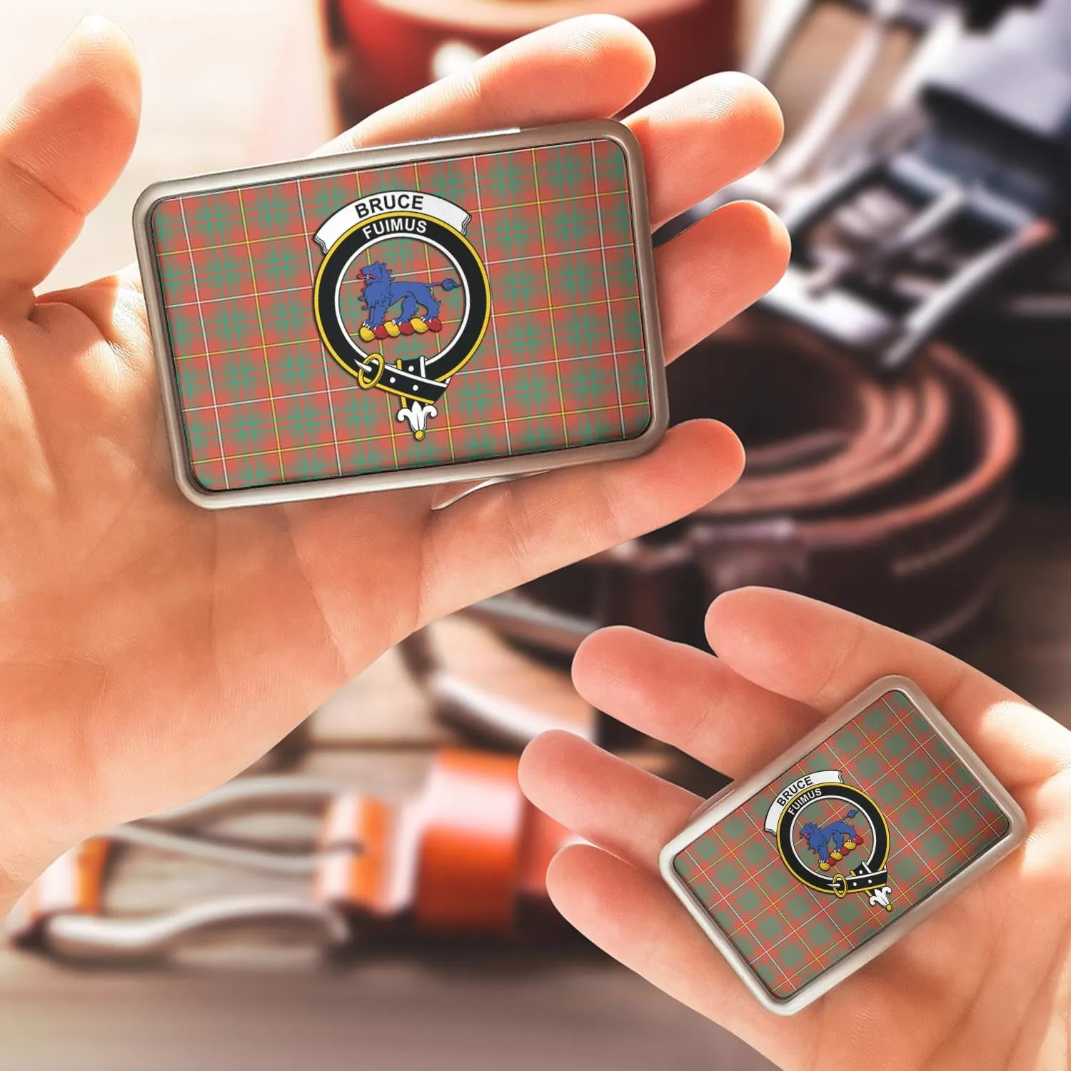 Bruce Ancient Tartan Belt Buckles with Family Crest