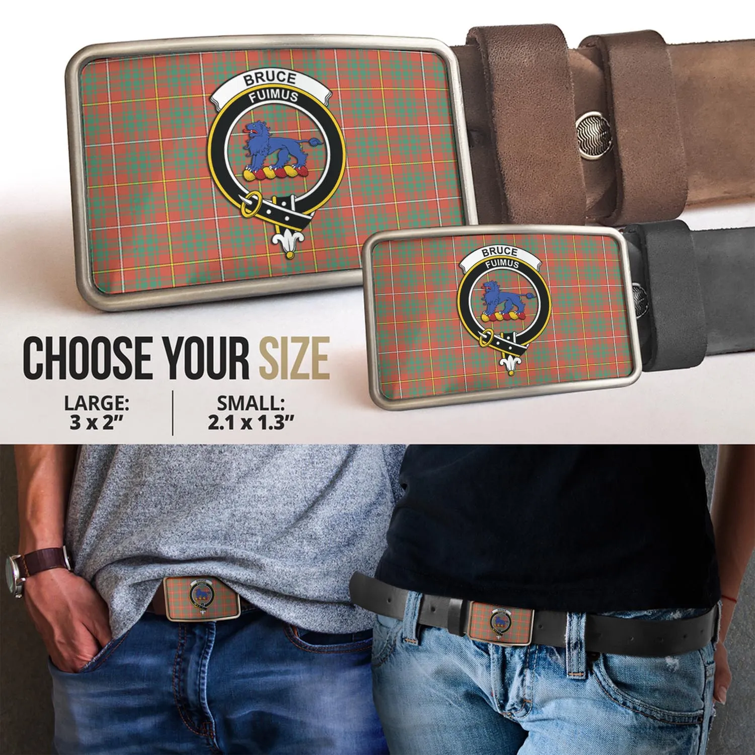 Bruce Ancient Tartan Belt Buckles with Family Crest