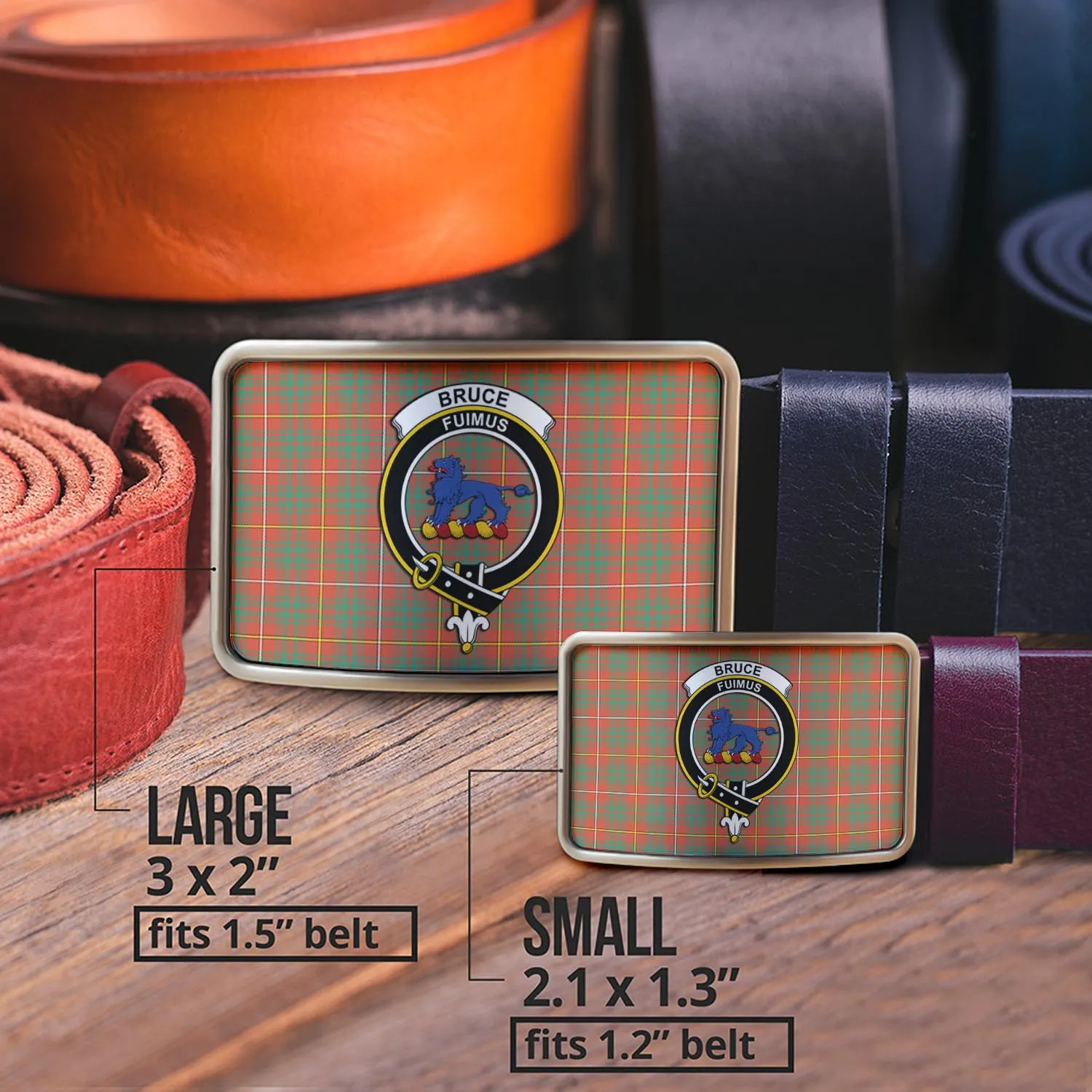 Bruce Ancient Tartan Belt Buckles with Family Crest