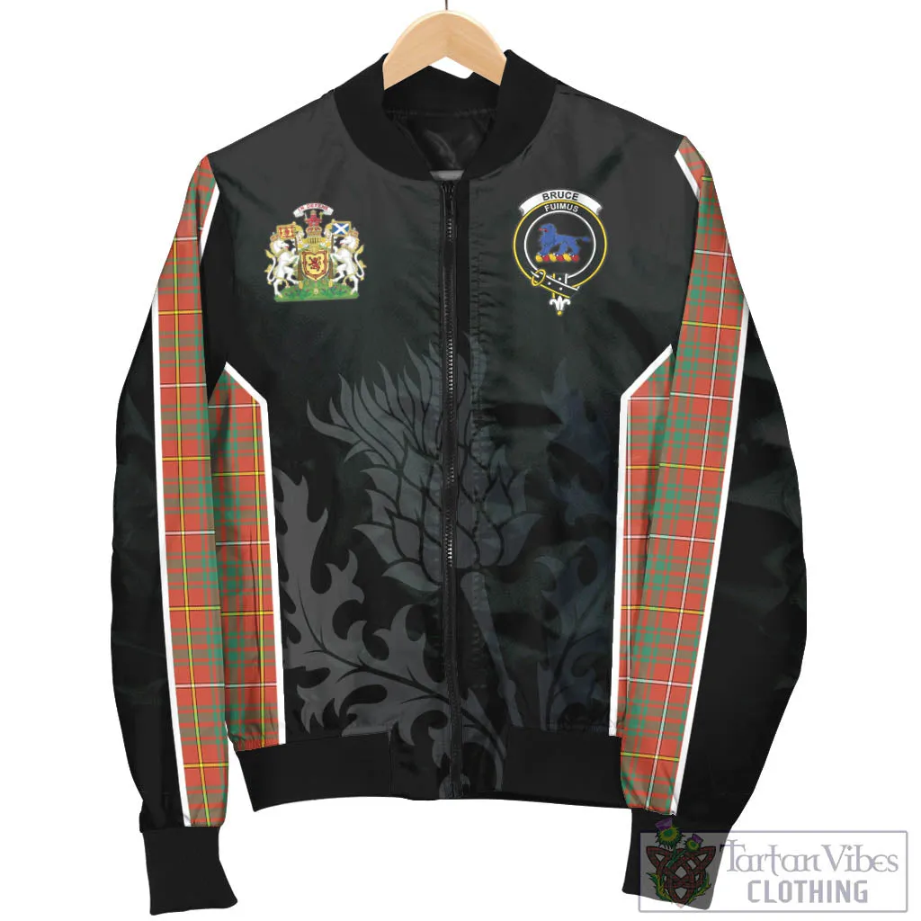 Bruce Ancient Tartan Bomber Jacket with Family Crest and Scottish Thistle Vibes Sport Style