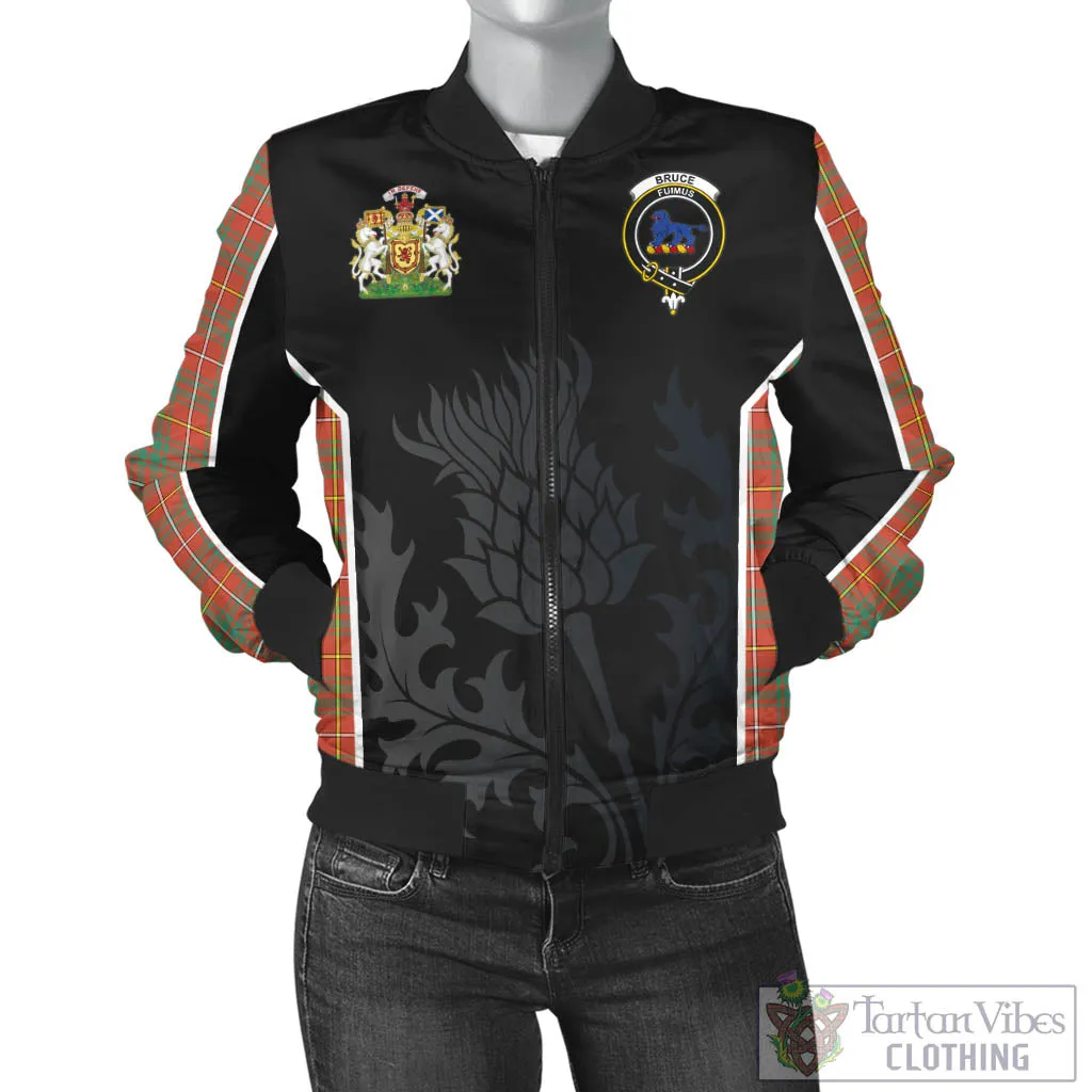 Bruce Ancient Tartan Bomber Jacket with Family Crest and Scottish Thistle Vibes Sport Style