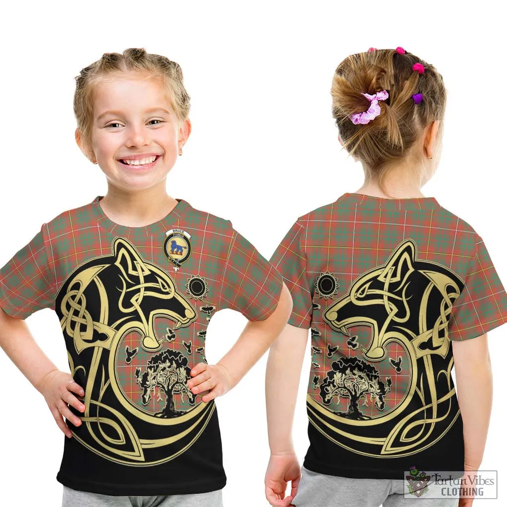 Bruce Ancient Tartan Kid T-Shirt with Family Crest Celtic Wolf Style