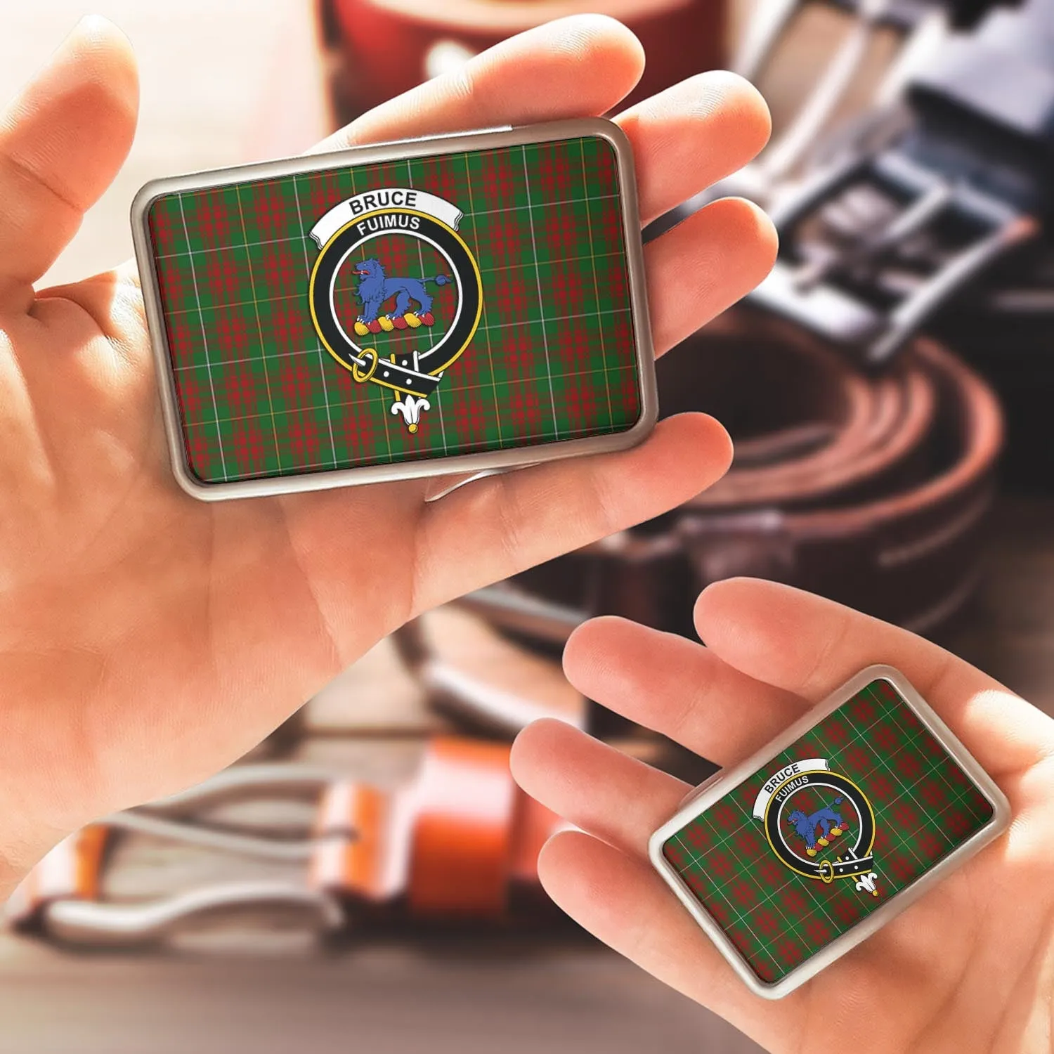 Bruce Hunting Tartan Belt Buckles with Family Crest