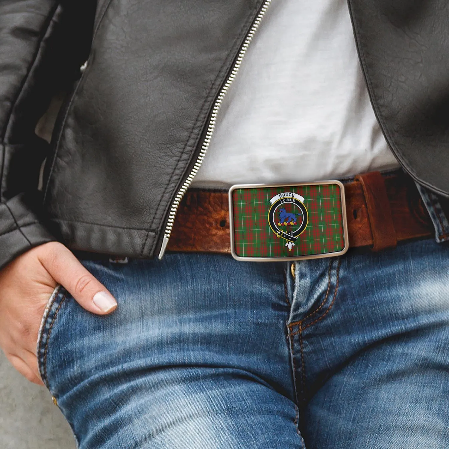 Bruce Hunting Tartan Belt Buckles with Family Crest