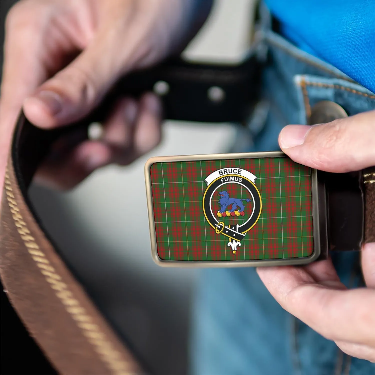 Bruce Hunting Tartan Belt Buckles with Family Crest