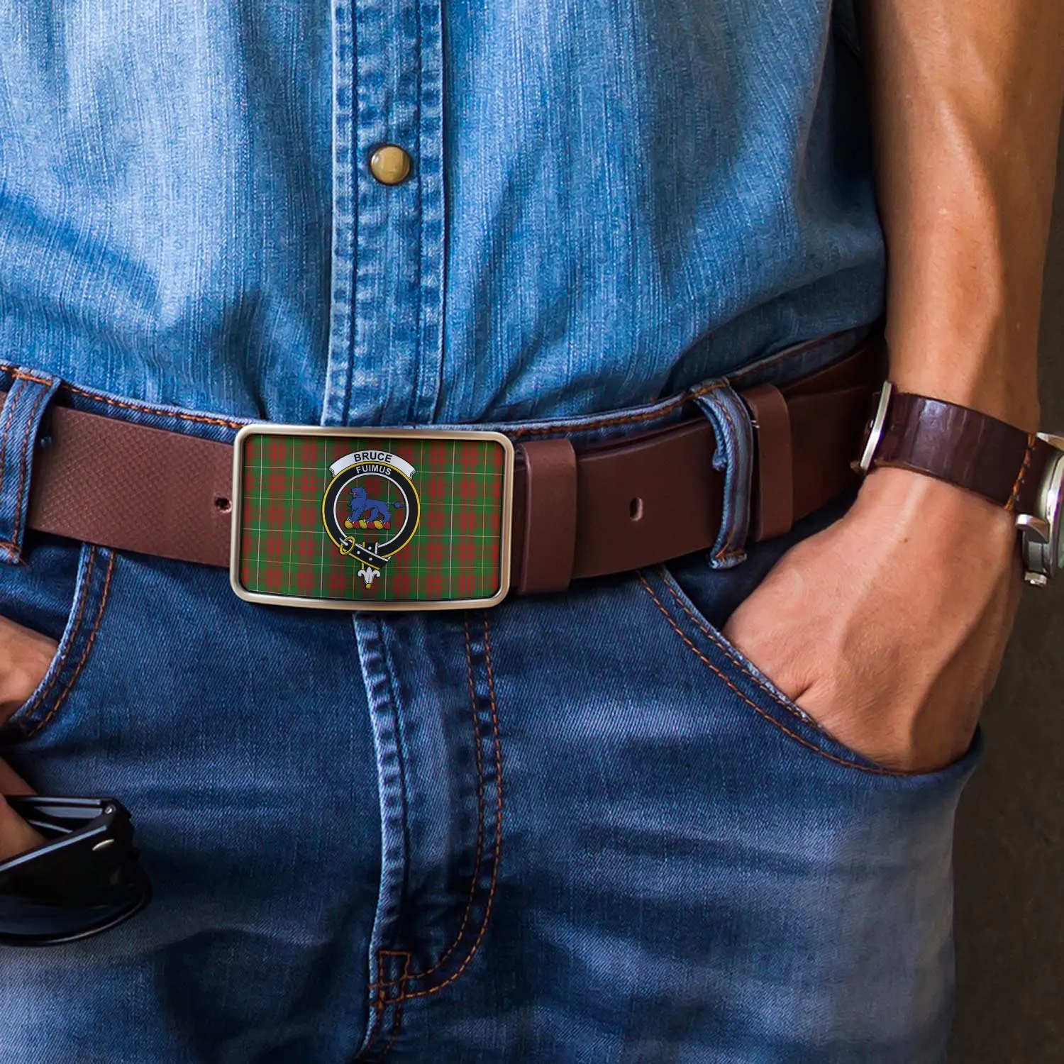 Bruce Hunting Tartan Belt Buckles with Family Crest