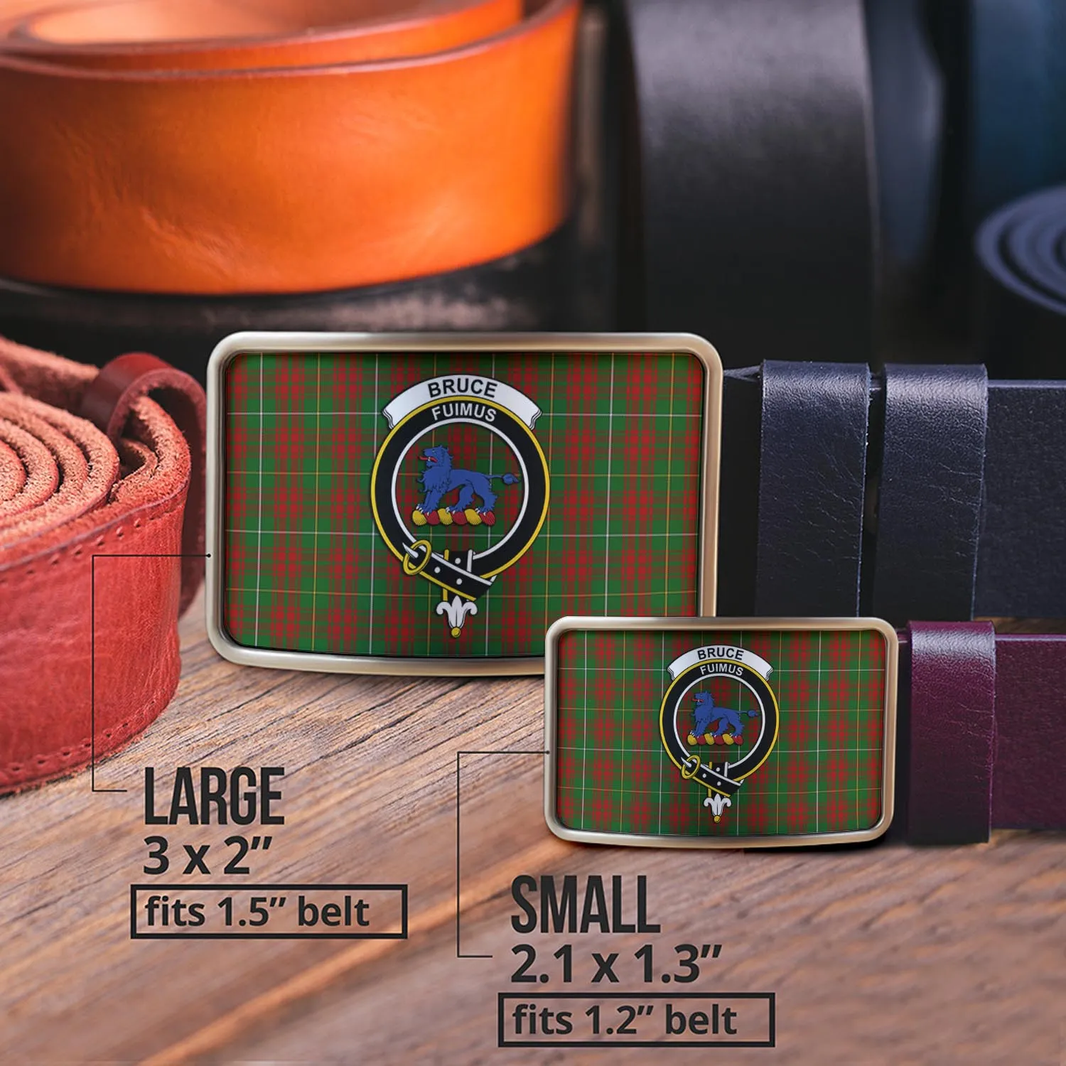 Bruce Hunting Tartan Belt Buckles with Family Crest