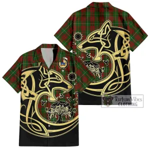 Bruce Hunting Tartan Short Sleeve Button Shirt with Family Crest Celtic Wolf Style