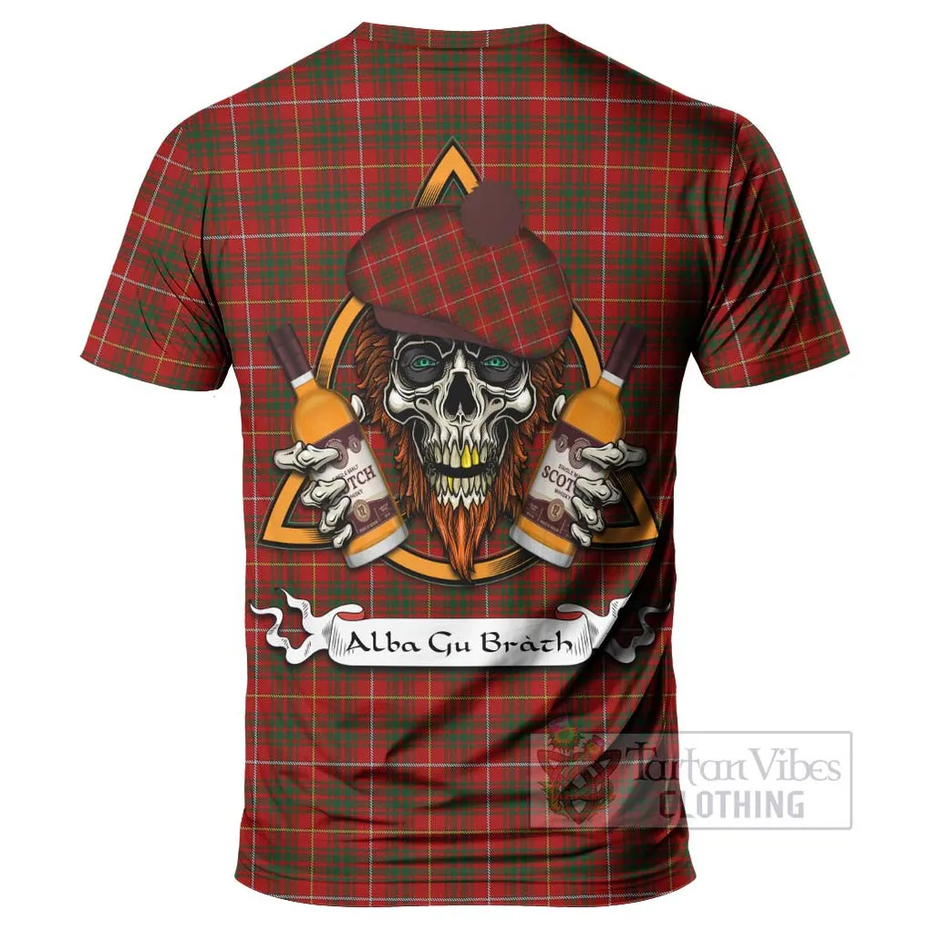 Bruce Tartan T-Shirt with Family Crest and Bearded Skull Holding Bottles of Whiskey