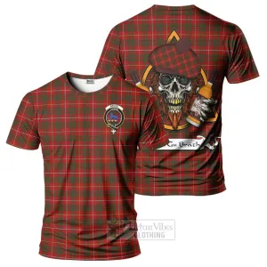 Bruce Tartan T-Shirt with Family Crest and Bearded Skull Holding Bottles of Whiskey