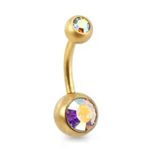 Brushed Gold Belly Ring - Iridescent Double Gem