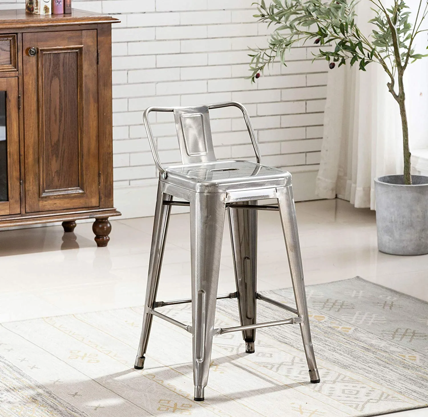 BTEXPERT Industrial 24 inch Galvanized Distressed Kitchen Chic Indoor Outdoor Low Back Metal Counter Height Stool