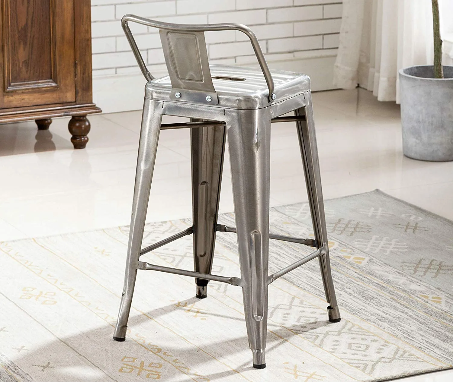 BTEXPERT Industrial 24 inch Galvanized Distressed Kitchen Chic Indoor Outdoor Low Back Metal Counter Height Stool