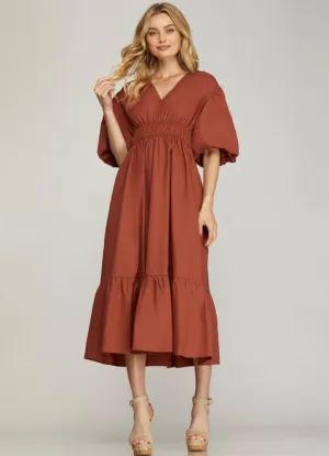 Bubble Sleeve Midi Dress in Cinnamon by She   Sky