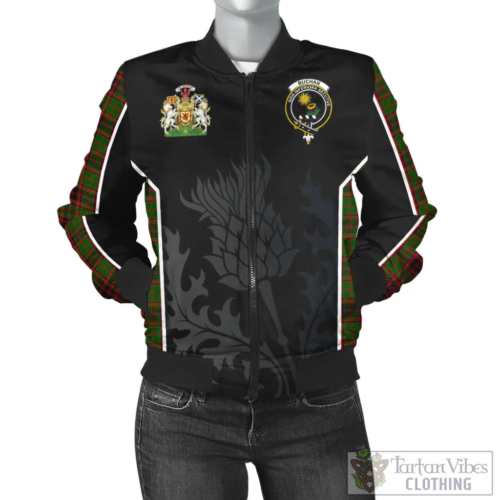 Buchan Tartan Bomber Jacket with Family Crest and Scottish Thistle Vibes Sport Style