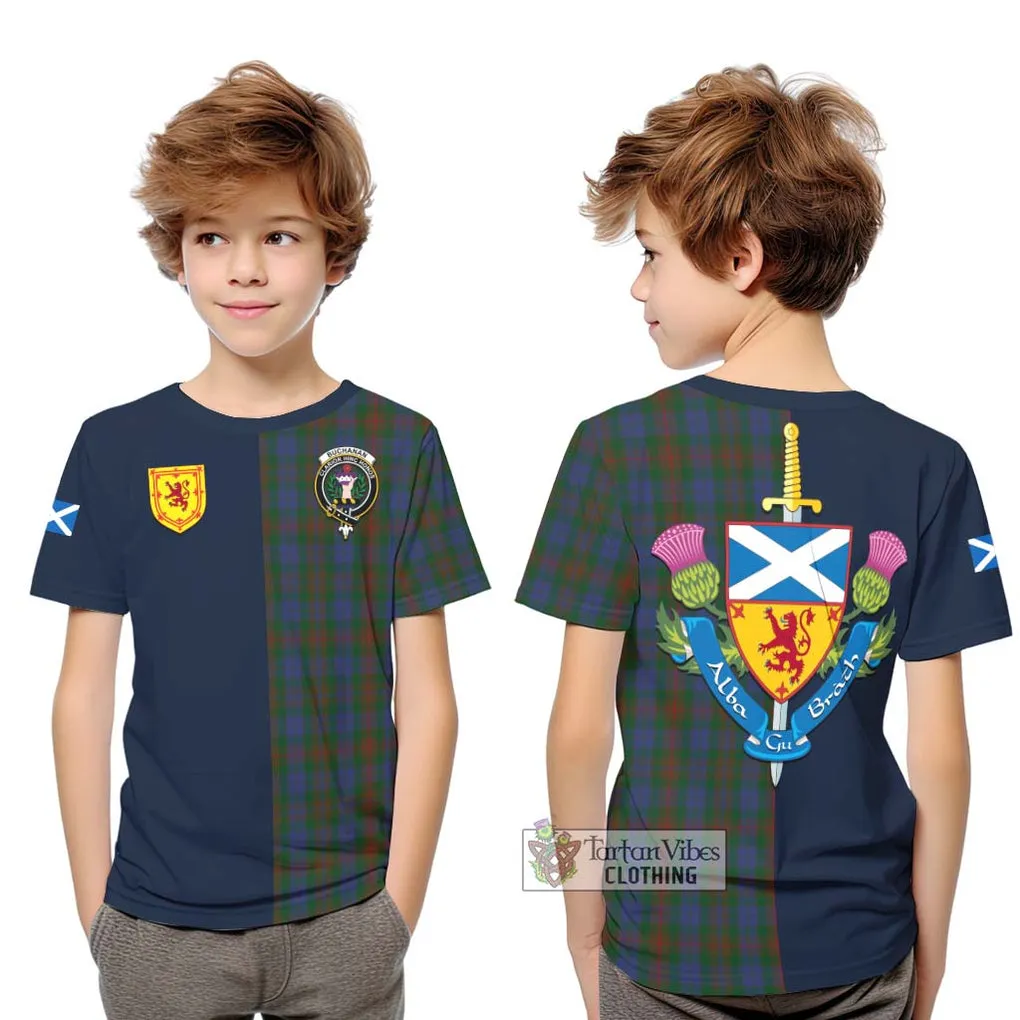 Buchanan Hunting Tartan Kid T-Shirt Alba with Scottish Lion Royal Arm Half Style