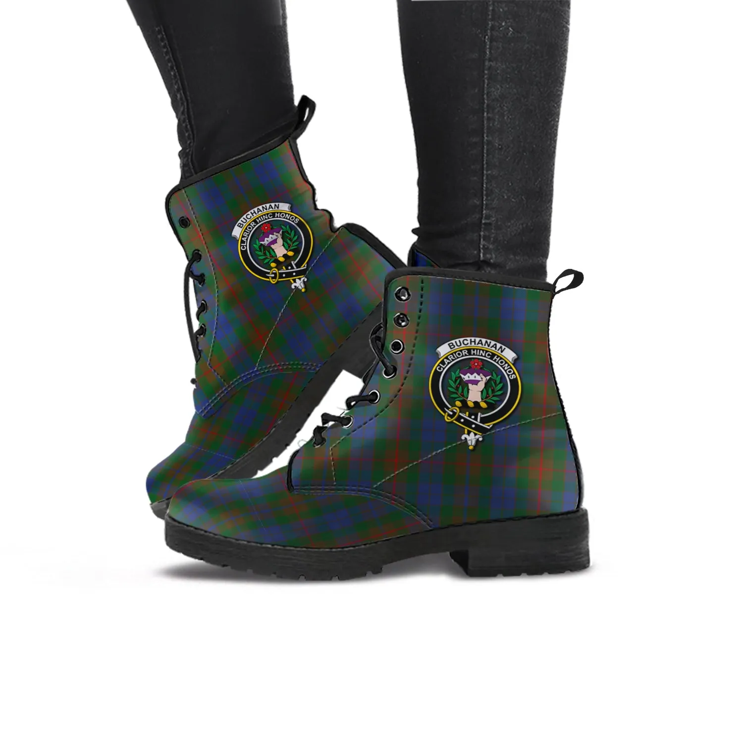 Buchanan Hunting Tartan Leather Boots with Family Crest