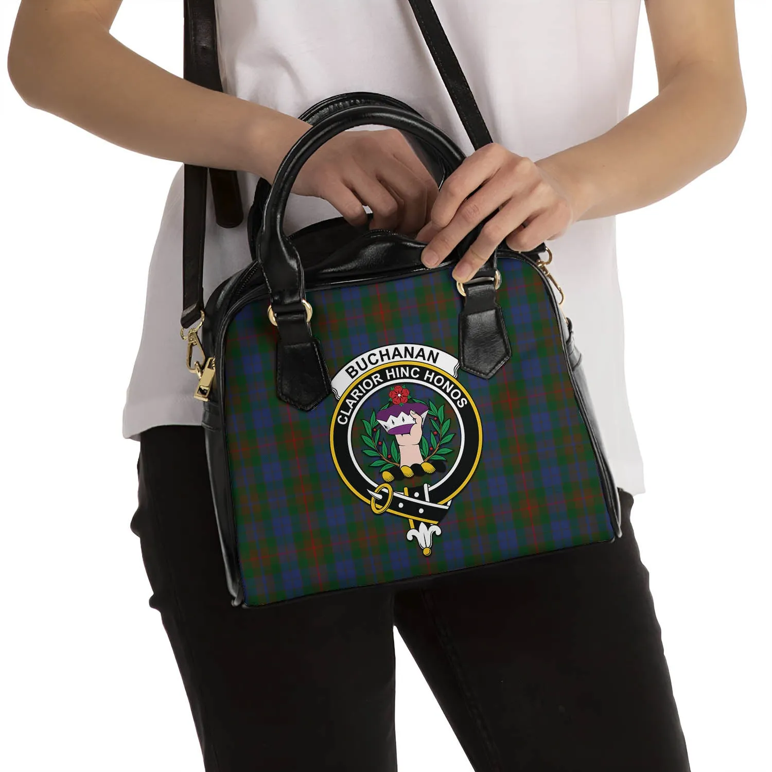 Buchanan Hunting Tartan Shoulder Handbags with Family Crest