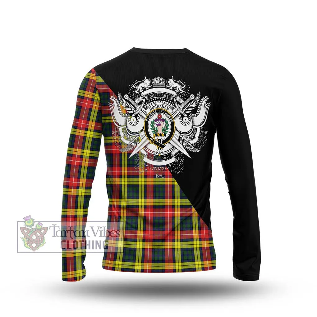 Buchanan Modern Tartan Long Sleeve T-Shirt with Family Crest and Military Logo Style