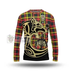 Buchanan Modern Tartan Long Sleeve T-Shirt with Family Crest Celtic Wolf Style