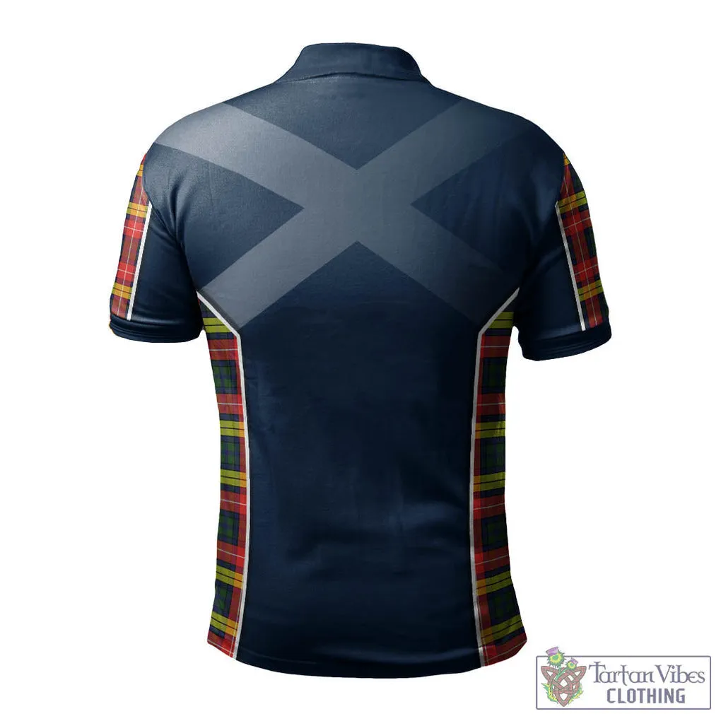 Buchanan Modern Tartan Men's Polo Shirt with Family Crest and Lion Rampant Vibes Sport Style