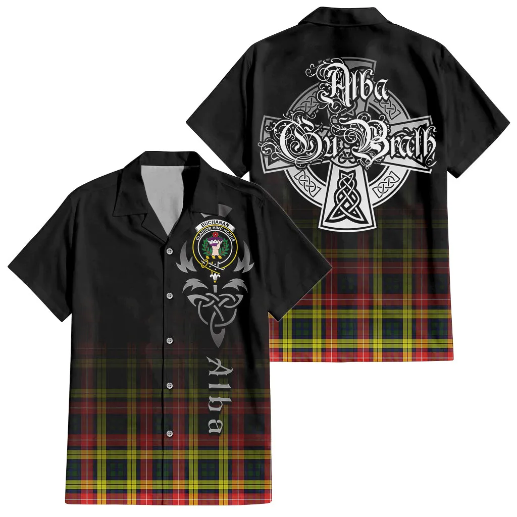 Buchanan Modern Tartan Short Sleeve Button Up Shirt Featuring Alba Gu Brath Family Crest Celtic Inspired