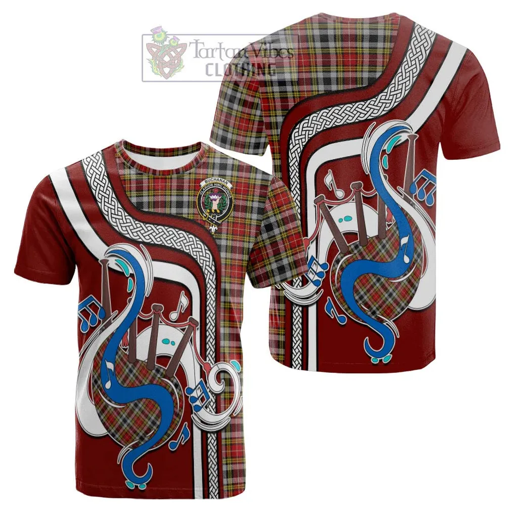 Buchanan Old Dress Tartan Cotton T-shirt with Epic Bagpipe Style