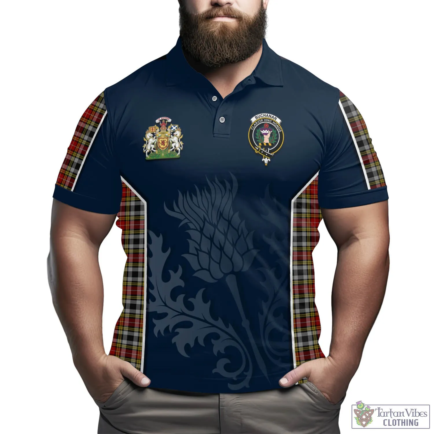 Buchanan Old Dress Tartan Men's Polo Shirt with Family Crest and Scottish Thistle Vibes Sport Style