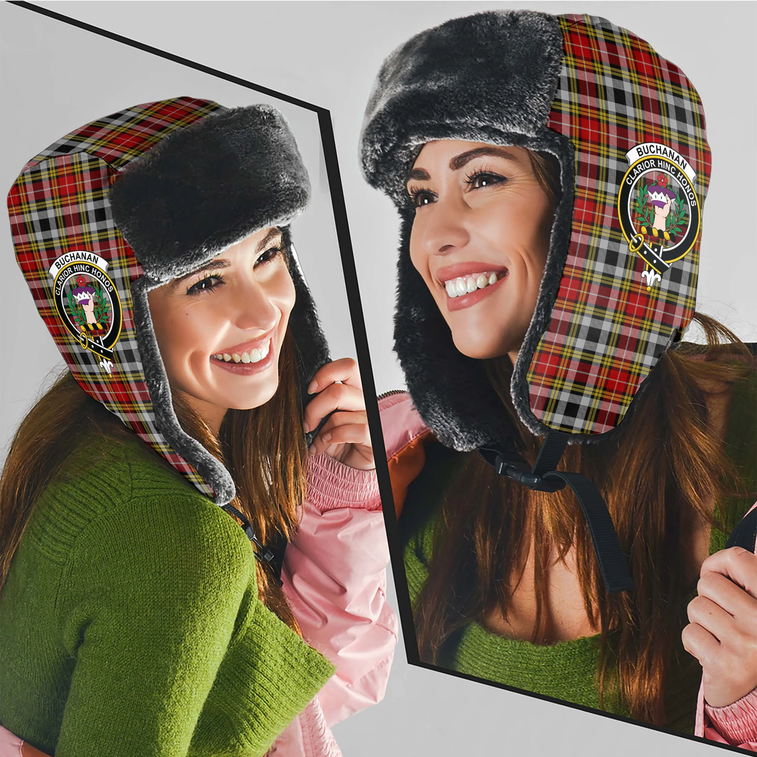 Buchanan Old Dress Tartan Winter Trapper Hat with Family Crest