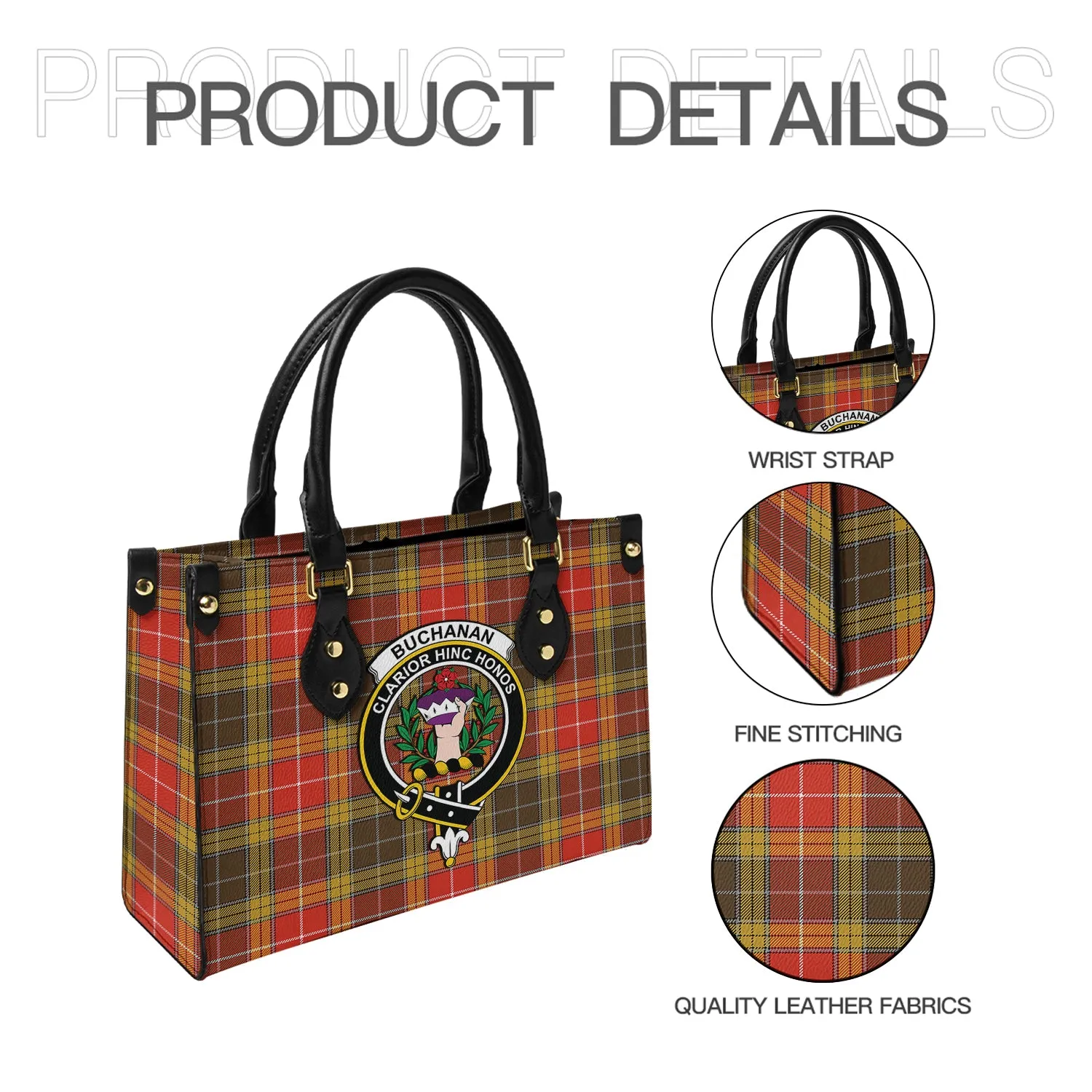 Buchanan Old Set Weathered Tartan Leather Bag with Family Crest