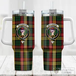 Buchanan Tartan and Family Crest Tumbler with Handle