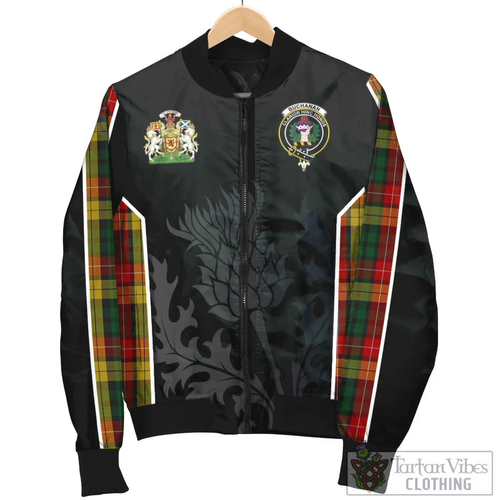 Buchanan Tartan Bomber Jacket with Family Crest and Scottish Thistle Vibes Sport Style