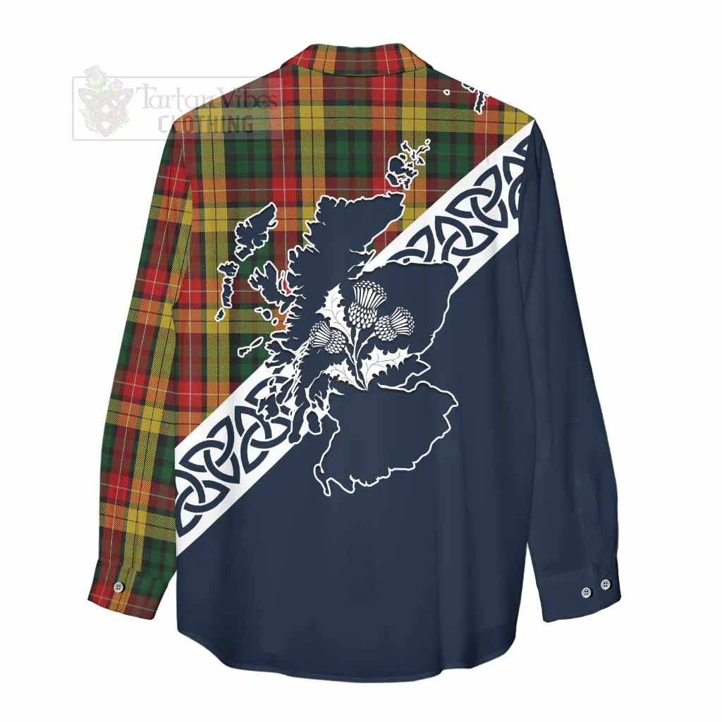 Buchanan Tartan Women's Casual Shirt Featuring Thistle and Scotland Map